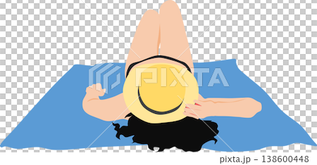 レジャーシートを敷いて砂浜で水着を着て日焼けする女性の後ろ姿の写真 138600448