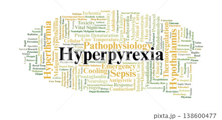 Hyperpyrexia Word Cloud. A Comprehensive Overview of Extreme Body Temperature Management, Focusing on Pathophysiology, Clinical Emergencies, Cooling Protocols, and Vital Organ Protection. 138600477