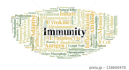 Immunity Word Cloud. Professional Compilation of Concepts Regarding Innate and Adaptive Systems, Cellular Response, Antibody Function, and Immunological Memory for Health Experts. 138600478