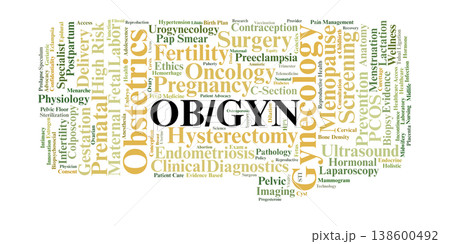 OBGYN Word Cloud. A professional overview of clinical concepts in maternal-fetal medicine, reproductive surgery, gynecological health, and comprehensive female wellness across the lifespan. 138600492