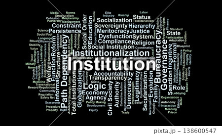 Institutions Word Cloud. A specialized compilation of terms regarding the frameworks, rules, and established systems that organize social life, power, and collective behavior. Institutions Word Cloud. A specialized compilation of terms regarding the frameworks, rules, and established systems that organize social life, power, and collective behavior. 138600547