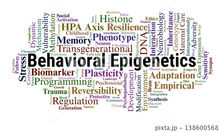 Behavioral Epigenetics Word Cloud. A Professional Overview of DNA Methylation, Histone Modification, Transgenerational Trauma, and the Biological Impact of Environment on Behavior. Behavioral Epigenetics Word Cloud. A Professional Overview of DNA Methylation, Histone Modification, Transgenerational Trauma, and the Biological Impact of Environment on Behavior. 138600568
