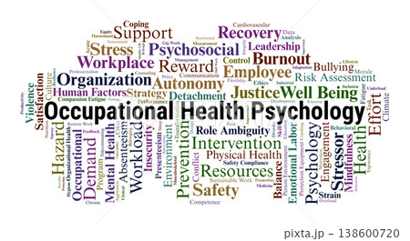 Occupational Health Psychology Word Cloud. Core Concepts of Employee Well Being, Workplace Stressors, Burnout Prevention, and Psychosocial Safety within the Psychology Landscape. 138600720