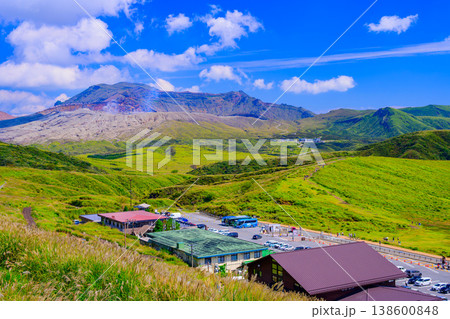 快晴の晩夏に広がる阿蘇ミルクロードと阿蘇パノラマラインからの阿蘇カルデラ絶景風景 138600848