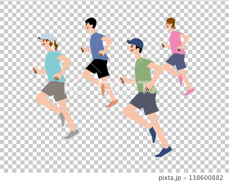 一幅描繪年輕男女快樂奔跑和慢跑的插圖。 138600882