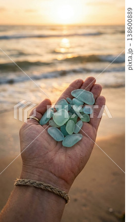 Handful of smooth sea glass treasures captured along a tranquil beach at sunset near the gentle waves of the ocean Generative AI 138600889