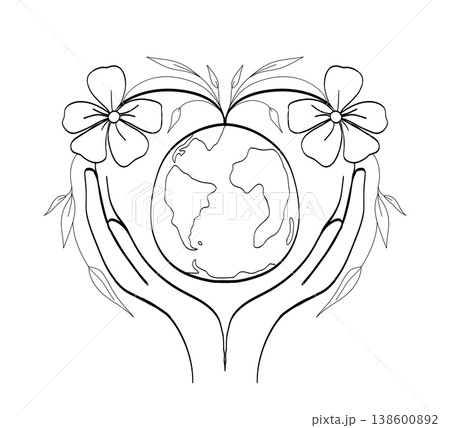 Minimalist line art of human hands holding Earth globe with floral heart and blooming flowers concept on a transparent background. Minimalist line art of human hands holding Earth globe with floral heart and blooming flowers concept on a transparent background. 138600892