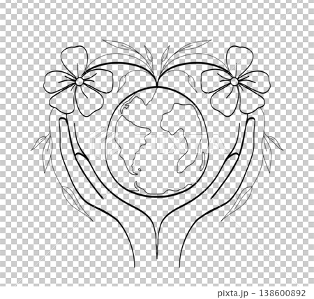 Minimalist line art of human hands holding Earth globe with floral heart and blooming flowers concept on a transparent background. Minimalist line art of human hands holding Earth globe with floral heart and blooming flowers concept on a transparent background. 138600892
