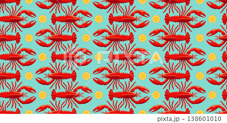 Mediterranean lobster seamless patterns set, colorful flat vector food illustration for cafe branding fabric and wrapping paper design Mediterranean lobster seamless patterns set, colorful flat vector food illustration for cafe branding fabric and wrapping paper design 138601010