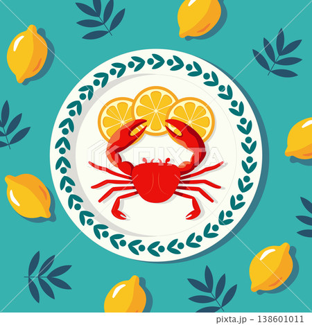 Fresh cooked crab with citrus on white plate flat vector, mediterranean sea food concept for culinary blog social media and packaging design 138601011