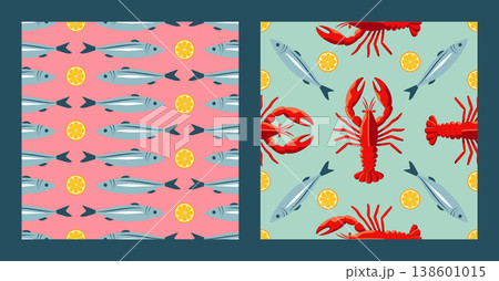 Set of two flat vector seamless patterns with red lobsters and sardines on pink and blue backgrounds, fresh sea food design for kitchen textile and menu Set of two flat vector seamless patterns with red lobsters and sardines on pink and blue backgrounds, fresh sea food design for kitchen textile and menu 138601015