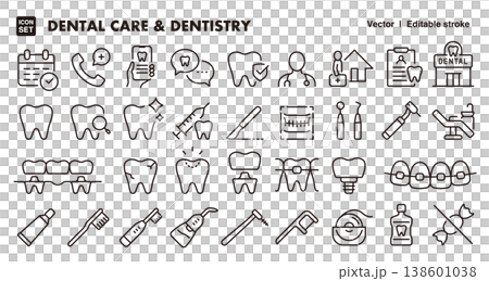 Icon set for dental care and dental treatment (thin lines, vector materials): Oral care, dentist, dental clinic materials Icon set for dental care and dental treatment (thin lines, vector materials): Oral care, dentist, dental clinic materials 138601038