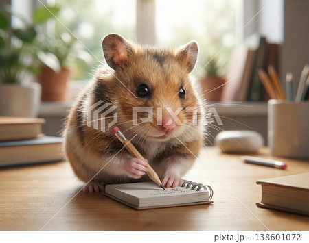 新しいデスクで、一生懸命にノートに何かを書くハムスター 138601072