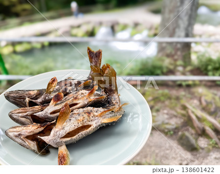 川魚料理。渓流の女王、アマゴ(ヤマメ)の塩焼き。和食の焼き魚。 川魚料理。渓流の女王、アマゴ(ヤマメ)の塩焼き。和食の焼き魚。 138601422