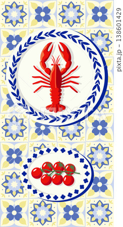 Traditional azulejo style seamless pattern with lobster and floral ornaments, elegant sea food background for wallpaper and gourmet packaging design 138601429