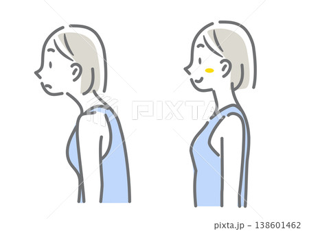 良い姿勢と悪い姿勢　巻き肩　猫背　シンプルでお洒落な線画イラスト 138601462