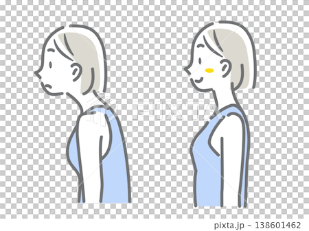 良い姿勢と悪い姿勢　巻き肩　猫背　シンプルでお洒落な線画イラスト 138601462