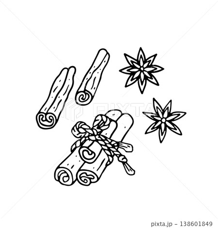 Hand drawn black and white doodle cinnamon and star anise icon. Line art sketch of aromatic spice 138601849