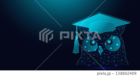 Low poly wireframe owl wearing a graduation cap on a dark background. Low poly wireframe owl wearing a graduation cap on a dark background. 138602409