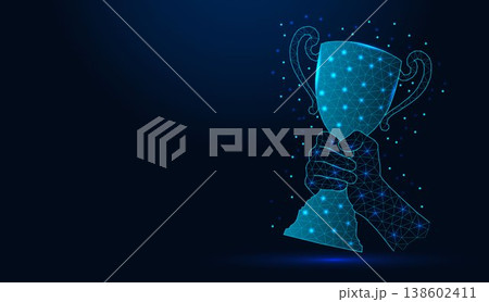 Low poly wireframe hand holding winner cup trophy on dark blue background. Low poly wireframe hand holding winner cup trophy on dark blue background. 138602411