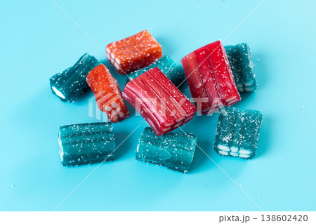 Colorful chewy candy pieces with sugar coating 138602420