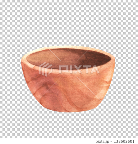 Wooden bowl, watercolor illustration, isolated. Kitchen utensils for salad. Hand drawn cooking tools. Empty container for food, rice, or fruit for cookbooks or packaging. 138602601