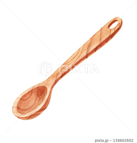 Brown wooden kitchen spoon, watercolor illustration, isolated. Hand drawn kitchen utensils for menus, recipes, and cookbooks, as well as bakery or cafe decor. 138602602