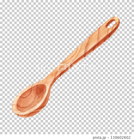 Brown wooden kitchen spoon, watercolor illustration, isolated. Hand drawn kitchen utensils for menus, recipes, and cookbooks, as well as bakery or cafe decor. 138602602