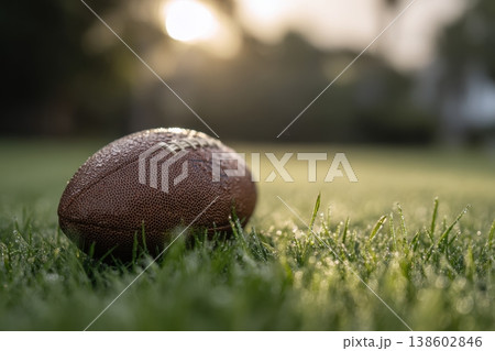 American football on grass with morning dew close up American football on grass with morning dew close up 138602846