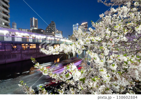 横浜・大岡川の夜桜と屋形船の光跡。ランドマークタワーを望む春の夜景 横浜・大岡川の夜桜と屋形船の光跡。ランドマークタワーを望む春の夜景 138602884