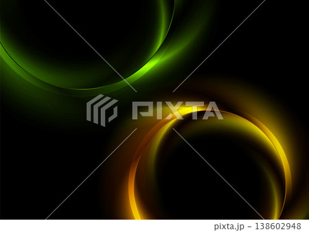 Vibrant orange and green glowing smooth wavy circles abstract geometric background 138602948