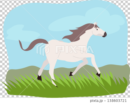 horse running in meadow. cute cartoon horse running in a green meadow during daytime in countryside setting 138603721