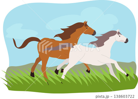 horses running in grass field. flat illustration countryside animal scene with blue sky background horses running in grass field. flat illustration countryside animal scene with blue sky background 138603722
