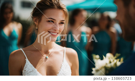Beautiful bride smiling at groom during outdoor wedding ceremony with bridesmaids in background 138603723