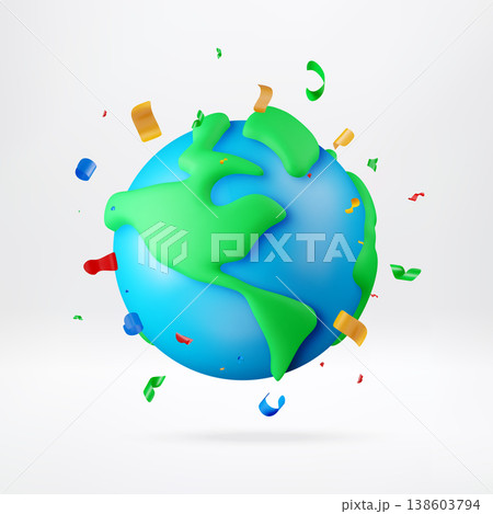 3D earth globe with colorful flying confetti. 3D earth globe with colorful flying confetti. 138603794