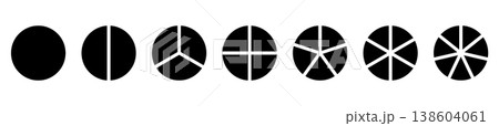Circle division on 1 2 3 4 5 6 7 black equal parts. Infographic minimalist icons set. Coaching blank mockup. Pizza, pie chart layout. Wheel round divided diagrams from one to seven segments Circle division on 1 2 3 4 5 6 7 black equal parts. Infographic minimalist icons set. Coaching blank mockup. Pizza, pie chart layout. Wheel round divided diagrams from one to seven segments 138604061