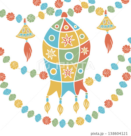 Traditional Indian mirror embroidery lamp and bells in desi style. Hand drawn vector illustration flat. Holiday and festival design, for oriental magazines, maps greeting cards, Holi Diwali clip arts. Traditional Indian mirror embroidery lamp and bells in desi style. Hand drawn vector illustration flat. Holiday and festival design, for oriental magazines, maps greeting cards, Holi Diwali clip arts. 138604121