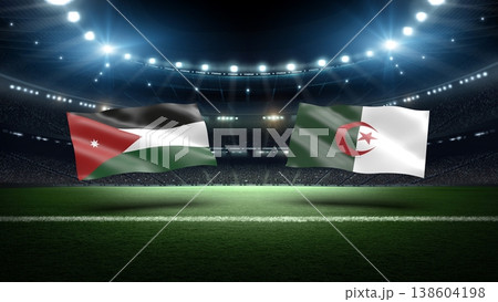Jordan and Algeria flags on soccer stadium field. 138604198