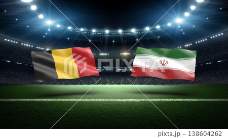 Belgium and Iran flags on soccer stadium field. Belgium and Iran flags on soccer stadium field. 138604262