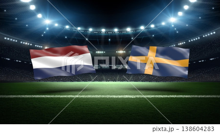 Netherlands and Sweden flags on soccer stadium field. Netherlands and Sweden flags on soccer stadium field. 138604283