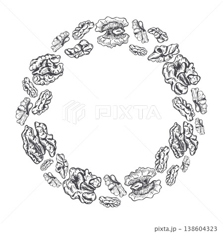 Peeled walnut halves and kernels monochrome vector isolated round wreath. Nut pieces border with copy space for text. Chopped dried nuts illustration for product labels, harvest festival flyers 138604323