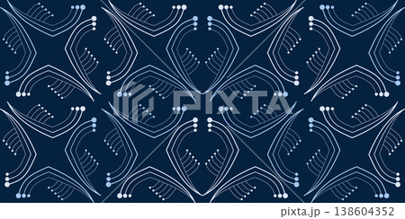 Dark winter seamless pattern. White blue curved lines on dark blue background. Fantasy geometric shapes. Mosaic tiles. Monochrome blue decor Dark winter seamless pattern. White blue curved lines on dark blue background. Fantasy geometric shapes. Mosaic tiles. Monochrome blue decor 138604352