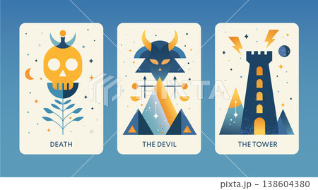 Death, Devil, Tower tarot cards feature symbolic illustrations representing transformation, temptation, and change Death, Devil, Tower tarot cards feature symbolic illustrations representing transformation, temptation, and change 138604380