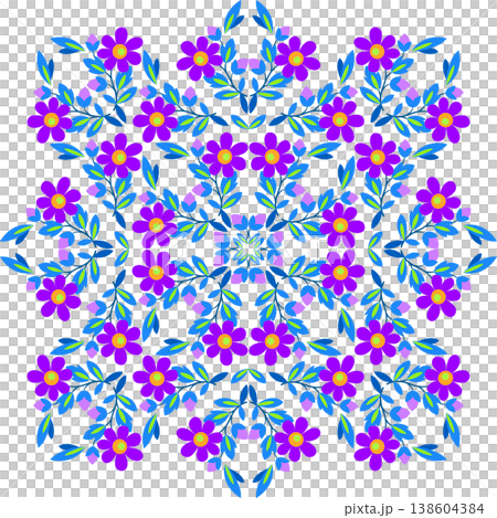 Square kaleidoscope pattern of blue purple flowers Square kaleidoscope pattern of blue purple flowers 138604384
