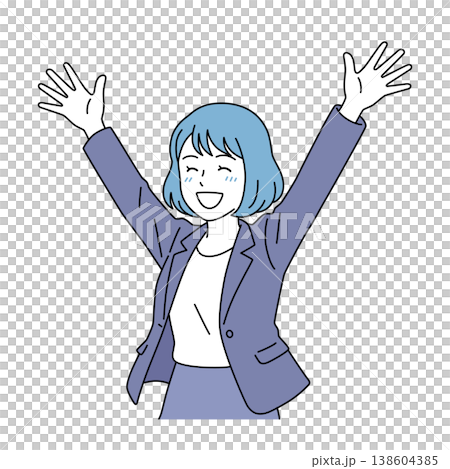 一位女商務人士高興地舉起雙手的向量插圖。 138604385