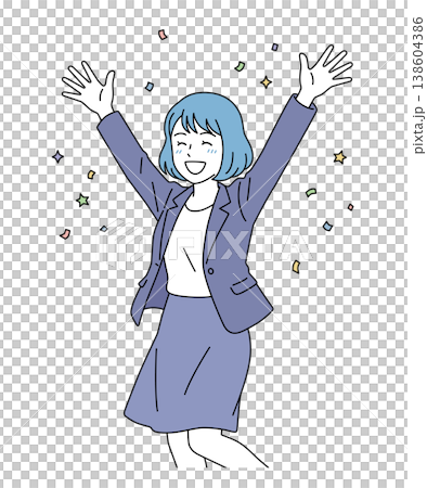 一位女商務人士高興地舉起雙手的向量插圖。 138604386