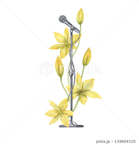 Watercolor silver microphone on stand with wire and intertwined with yellow tulips illustration on isolated background. Concert sound accessory on counter and spring flowers for podcast cover art Watercolor silver microphone on stand with wire and intertwined with yellow tulips illustration on isolated background. Concert sound accessory on counter and spring flowers for podcast cover art 138604520