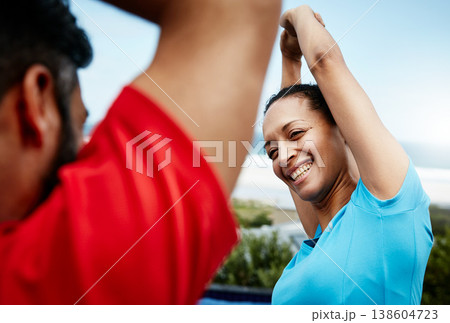 People are stretching, fitness and start training with athlete, personal trainer or couple ready for workout outdoor. Health, wellness and prepare for exercise, sports and flexibility with warm up People are stretching, fitness and start training with athlete, personal trainer or couple ready for workout outdoor. Health, wellness and prepare for exercise, sports and flexibility with warm up 138604723