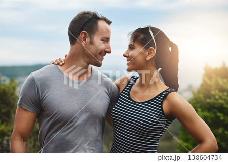 Wellness, love or happy couple hug in park for date, support or care in nature with peace, bond or marriage. Eye contact, romantic man or woman on outdoor holiday vacation together to relax or travel 138604734