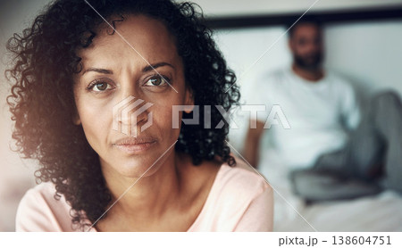 Portrait, woman and ignoring man in bedroom with emotional distance from unresolved argument. Couple, conflict and silent treatment from disagreement, toxic relationship and partner dispute at house 138604751